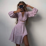 Woherb Women's Wear 2023 Summer New Fashion Long-Sleeved V-Neck Careful Machine Dress Print Show Thin French Skirt-Outfit
