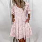 Ruffles Loose V-Neck Dress Women Summer Short Sleeve Floral Print Woman Dress Plus Size 2021 Fashion White Beach