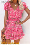 Print Ruffle Hem Shirred Waist Casual Dress-Outfit