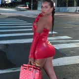 Kliou Faux PU Leather With Gloves Party Dress Women Backless Sexy Hot Clubwear Skinny Slim Solid Fashion Bodycon Mini