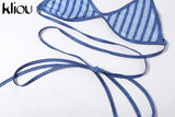 Kliou Striped Print Two Piece Set Women Sexy V-neck Bandage Backless Bra Tops+Mid Waist Stretchy Sheath Pants High Street