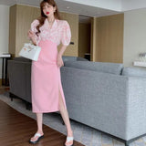 Women Sets Tie Dye Shirts Puff Sleeve Mid-calf Skirts Side-slit High Waist Slim Hot Elegant Temperament Streetwear Sweet