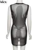 Kliou Mesh Bundled Mini Dress Women Sexy Low V-Neck Sleeveless See Through Bodycon Midnight Style Party Clubwear Female