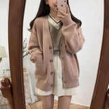 Knitted Cardigans Solid Casual V-neck Single Breasted Retro Thicker Sweater Autumn Winter Outwear Loose Teens Knitwear
