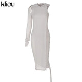 Kliou Knitted Dress Women Sexy See Through X-Long Hoody Tops+One Shoulder Drawstring Ruched Robe Skirt Hipster Future