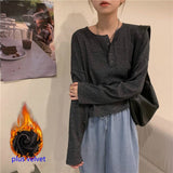 Sleeve T-shirts Women Elegant Simple Pure Button Design Retro Ins Autumn Ladies Tees Top All-match BF Style Mujer