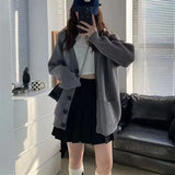 Woherb Sweater Cardigan 2024 New Autumn Winter Languid Lazy Wind V Collar Show Thin Pure Color Loose Korean Version Temperament Coat Female-Outfit