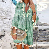 2021 Summer V Neck Tassel Beach Dress Spring Vintage Floral Print 3/4 Sleeve Party Dress Women Casual Loose A-Line Dress