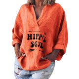 Size 5XL Womens T Shirt V Neck Long Sleeve Cotton Linen Kaftan Ladies Baggy Tee Shirt Femme Tops Loose Letter Print