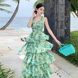 French Vacation Halo Dye Green Neck Hanging Belt Cake Dress Summer New Sanya Seaside Vacation Dress-Outfit