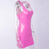 Pink Tank Sleeveless PU Sheath Dress Women Summer Bodycon Zipper Low Cut Elastic Clubwear Skinny Mini Dress New