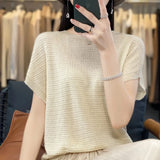 Woherb Line Of Clothing Worsted Short Sleeve Female Round Collar Loose Thin Bat Sleeve Vest Shirt Hollow Out Outside The Hair-Outfit