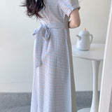 Vintage Dresses Hot Sales Woman Summer Short Sleeve Cute Sweet Korea Japan Style Design Blue Pink lattice Plaid Dress