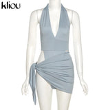Kliou Solid Deep V sexy Two Piece Sets Midnight Club Halter Top And Skirt Backless Summer Partywear Hollow Out Ruched Women