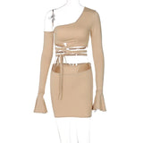 2021 Solid One-Shoulder Flare Sleeve Hollow Out Sexy Top Dress Set Slim Summer Women Fashion Streetwear Outfits