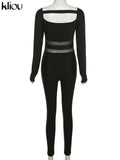 Kliou Sheath Concise Jumpsuit Women Herfst Unique Truncated Mesh See Through One Pieces Slim Simple Casual Female
