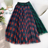 Cute Plaid Tulle Skirt Women Fashion Korean School Checked High Waist Pleated Maxi Skirt Female For Spring Summer QH2227-Outfit