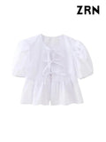ZRN-Women's Lace Up Cropped Blouses, Puff Sleeves, O Neck, Female Shirts, Chic Tops, Fashion-Outfit