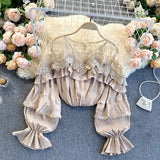 Mesh Splice Blouse Women Elegant Solid Puff Sleeve Lace Ruffles Blouses Autumn Casual Loose Streetwear