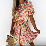 Sexy O Neck Ruffle A-Line Party Dress Spring Elastic Waist Office Lady Mini Dress Summer Short Sleeve Floral Print