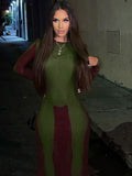 Nightclub Women O Neck Long Sleeves Patchwork Sexy Maxi Dress 2021 Fashion Contrast Colors Party Mid Calf