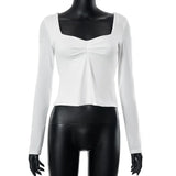 Women Slim Fit Long Flare Sleeve T-shirts Spring Solid Square Neck Ruched Side Split T-shirts Basic Tops-Outfit