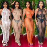 Kliou Mesh Stacked Maxi Dress See Through Sexy Women New Fashion Sleeveless Backless Spaghetti Strap Female Clubwear