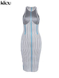 Kliou Striped Color Blocking Mini Dresses Women Fashion Stitching Sleeveless Body-Shaping New Style Skirt Female