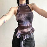 Woherb 2024 New Women's Half High Collar Flounce Sleeveless Print Mesh Slim Small Vest-Outfit
