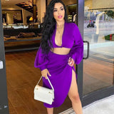 Solid Satin Women Long Sleeve Bandage Cut Out Crop Top Midi Dress 2 Piece Set 2021 Autumn Y2K Streetwear Outfit