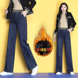 Plus Velvet Baggy Jeans Women Elastic High Waist Wide Leg Pants Thick Vintage Vaqueros Fall Winter Office Denim