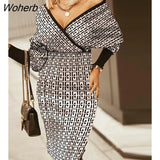 Plus Size Elegant Dress Women Fashion Casual Slim V Neck Long Sleeve Backless Plaid Print Knitted Dress Women-Outfit