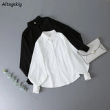 Women Lantern Sleeve Loose Turn-down Collar Simple Solid Feminino Blouses Minority Korean Style Autumn All-match