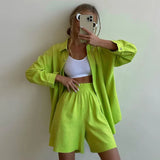 Woherb New Solid Color Single Breasted Long Sleeve Lapel Shirt Shorts Loose Fashion Casual Suit-Outfit