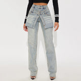 Early Autumn New Hottie Fake Two Low-Waisted Hip Jeans Female Cat Must Wash The Water