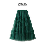 Vintage Cake Mesh Tulle Skirt Women Patchwork Midi Long Guaze Skirts QT1569-Outfit