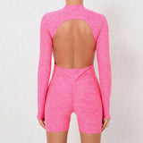 Woherb Collar Zipper Open Back Long Sleeve Onesie Dance Fitness Sports Onesie Sexy Tight Yoga Dress Woman-Outfit