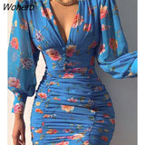 Women Floral Print Bodycon Ruched Dress 2023 Femme Casual Puff Sleeve V Neck Mini Skinny Robe Office Lady Outfits y2k-Outfit
