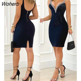 Autumn Women Rhinestone Deco Bodycon Dress 2023 New Femme V Neck Back Slit Mini Skinny Robe Office Lady Clothing traf-Outfit