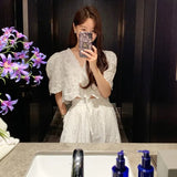 Woherb Chic Niche Temperament V Neck Hollow Lace Embroidered Jacket Women High Waist Pressure Pleated Skirt Two Sets Of Women-Outfit