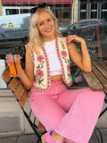 Floral Embroidered Women's Short Waistcoat Chic V Neck Sleeveless Cropped Cardigan 2024 Summer Female Party Fashion Tops-Outfit