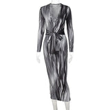 Long Sleeve Print V-Neck Bandage Sexy Long Dress 2021 Autumn Winter Women Christmas Party Elegant Outfits