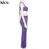 Kliou Knitted Two Piece Set Women Skirt Elegant Classy Back Criss Cross Bandage Camisole Top+Ribbons Hollow Out Female