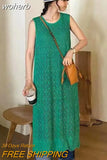 Out Dress Women Midi Knitting Vintage Loose Casual Sleeveless Summer Streetwear Vacation Aesthetic Female Simple Daily-Outfit