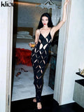 Kliou Unique Style Geometric Maxi Dress Women Elegant Spaghetti Strap Cleavage Backless Hollow Out Robe High Street Lady