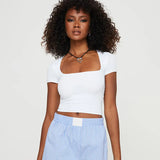 2000S Crop Top Y2K Clothing Women Basic Solid Color Square Collar Short Sleeve T Shirt Summer Vest Casaul Streetwear-Outfit