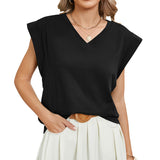 2024 New Women's V-Neck Solid Color Rotator Sleeve Casual Vest T-Shirt-Outfit