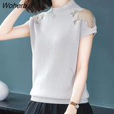 Mesh Lace Patchwork Half Turtleneck Short Sleeve Knitted Tops Summer Knitwear T-Shirt Women Korean Style Hollow Out Tee-Outfit