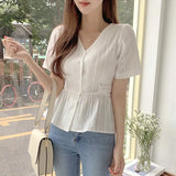 Short Chic Tops Summer Puff Sleeve Slim Waist Peplum Lace-Up Bow Tie Ruffled Shirt Blouse Women Top Korean Japan Flhjlwoc