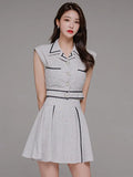 2 Pieces Outfits Women Clothing Temperament Retro Crop Tops Shirt Blouse High Waist Mini Skirt Lady Mujer Slim Short Sets-Outfit